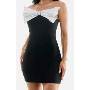 B Darlin Mini Cocktail Party Dress Juniors 5 Black White Bow Strapless Prom Hoco